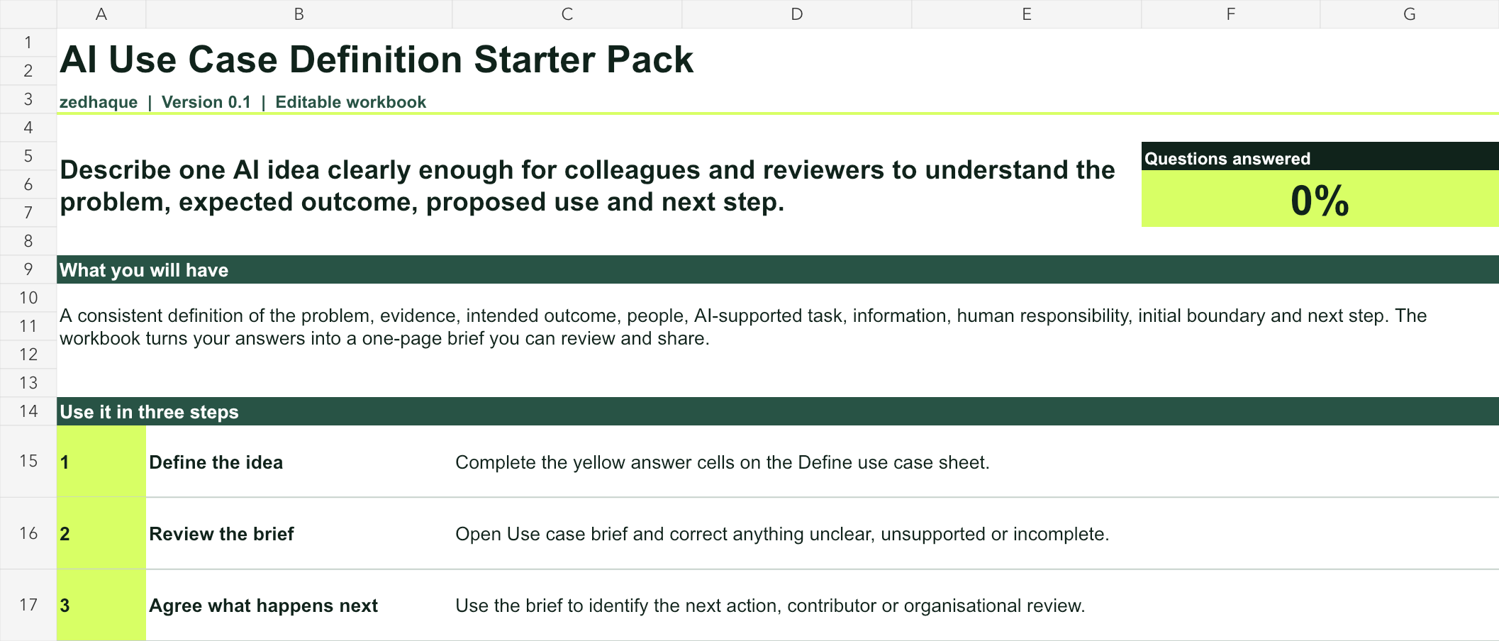 Opening sheet of the AI Use Case Definition Starter Pack